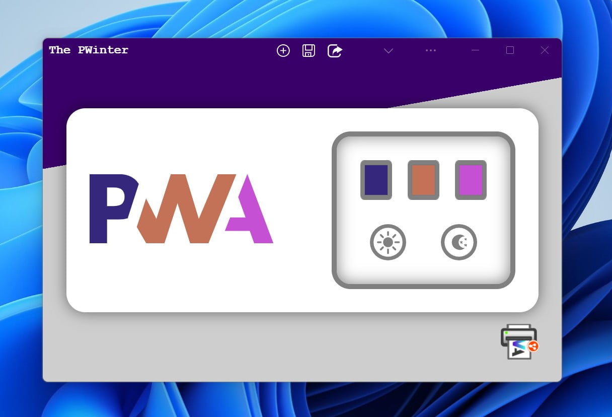 Скриншот PWA, печатающего логотипы PWA с именем "PWinter"