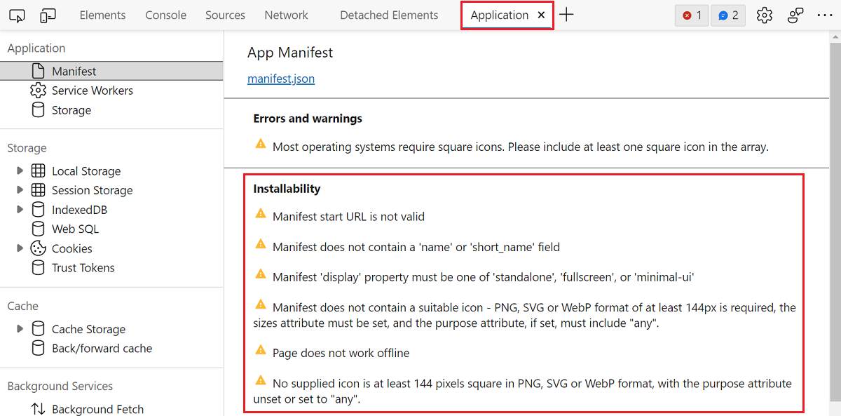 Снимок экрана инструмента Application в Microsoft Edge DevTools, показывающий вкладку Manifest с многочисленными предупреждениями об установке
