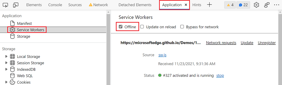 Снимок экрана инструмента Application в Microsoft Edge DevTools, показывающий раздел Сервис-воркеры и флажок Offline