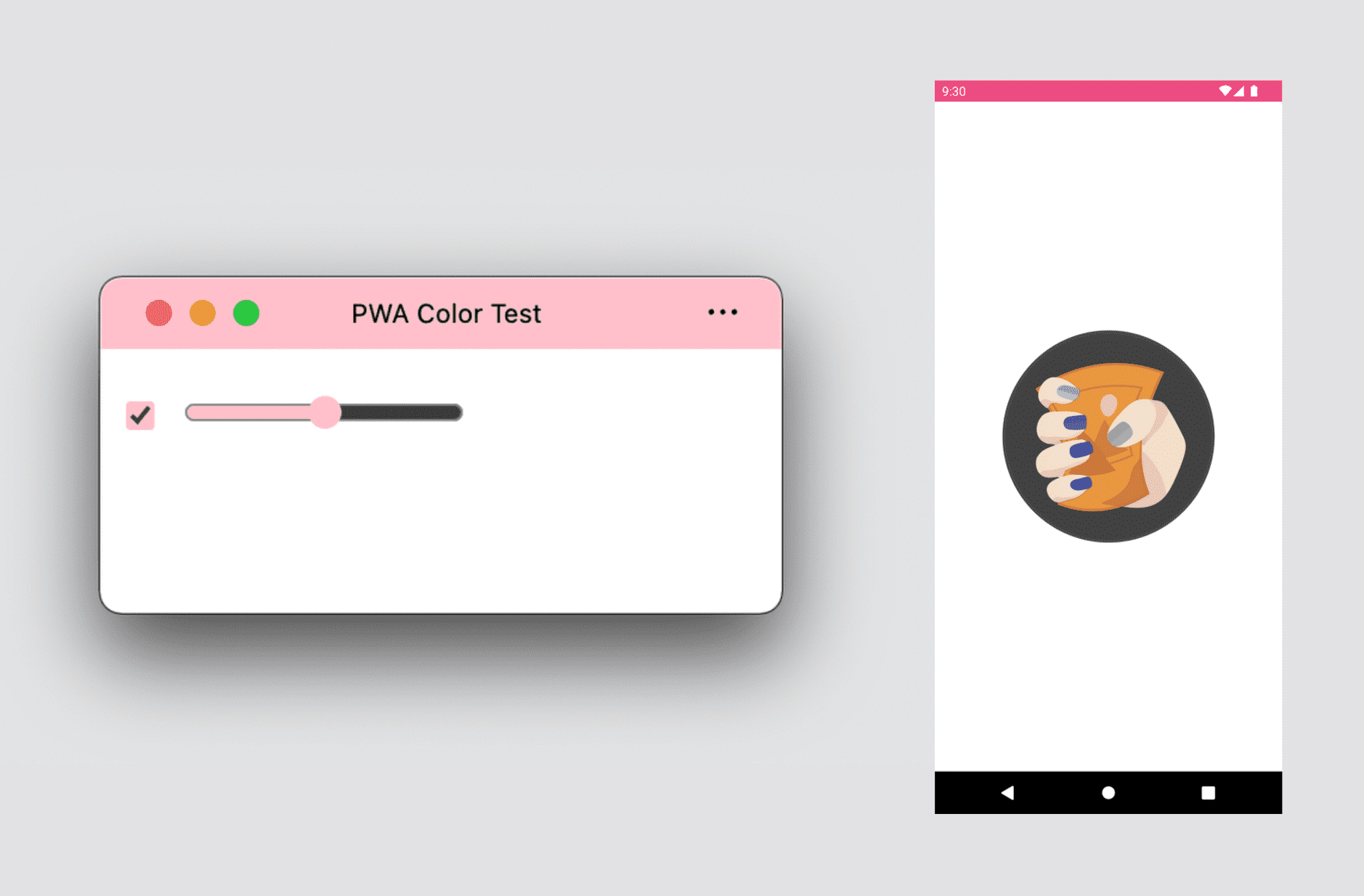 PWA для настольных ПК, демонстрирующий тему и акцентные цвета, и заставка PWA для Android, демонстрирующая тему и фоновые цвета.