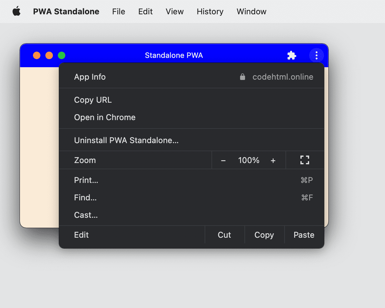 PWA, установленный в Google Chrome на настольном компьютере, демонстрирует выпадающее меню и иконку плагинов.