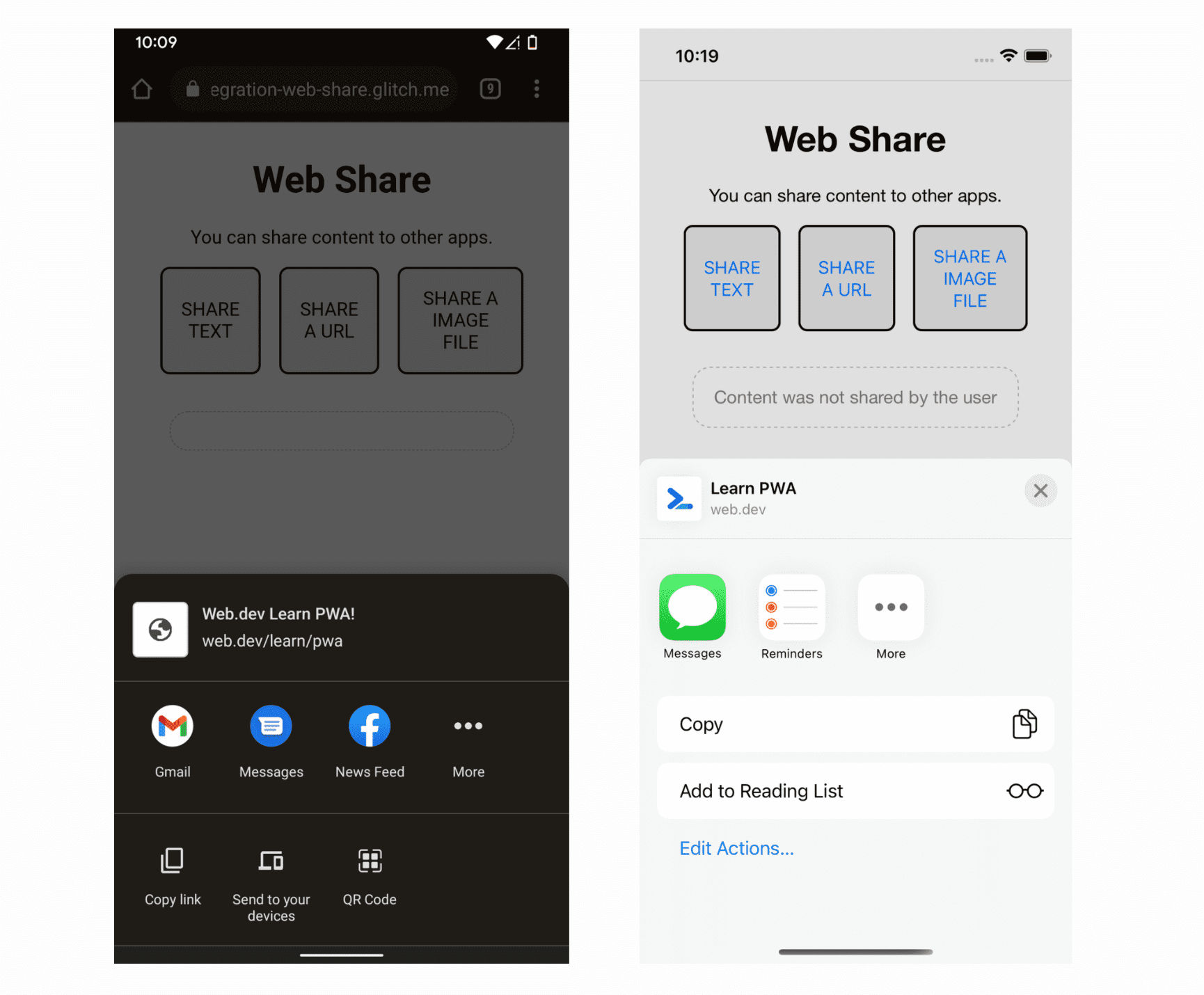 Chrome на Android и Safari на iOS открывают лист общего доступа благодаря Web Share.