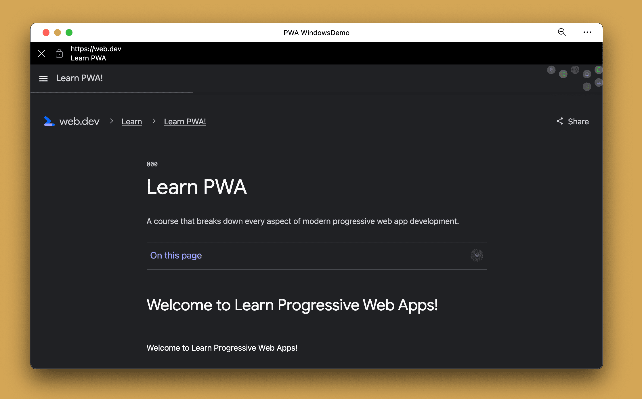 При просмотре URL-адреса, выходящего за пределы области действия, на настольном PWA появляется встроенный браузер.