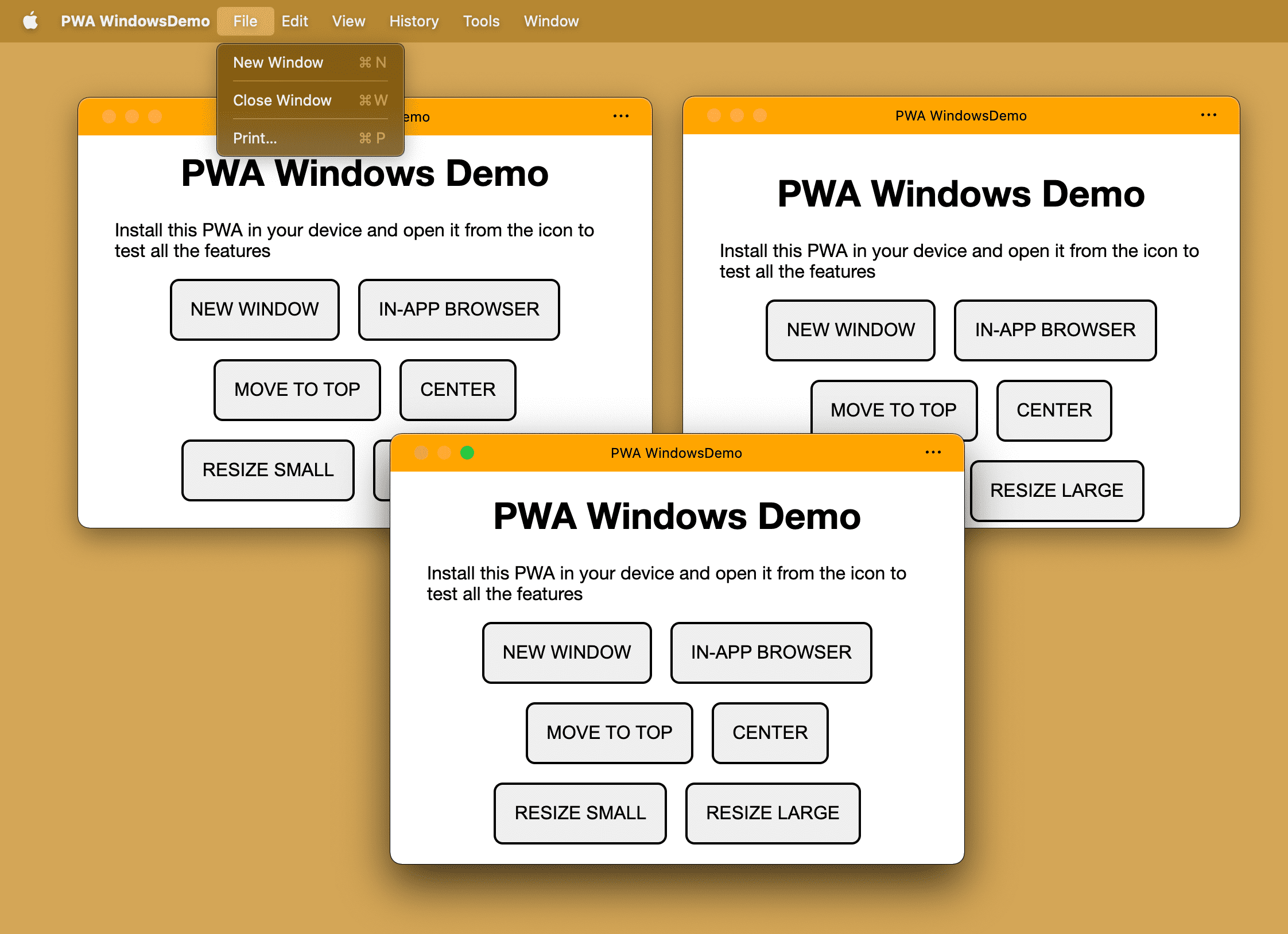 Тот же установленный PWA с несколькими открытыми окнами на настольной операционной системе.