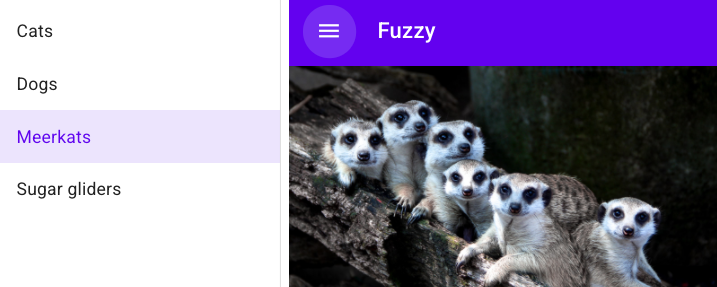 Скриншот приложения, которое отображает набор фотографий животных. Приложение имеет верхнюю панель с заголовком ("Fuzzy") и кнопку меню. Левый ящик меню открыт и показывает набор опций